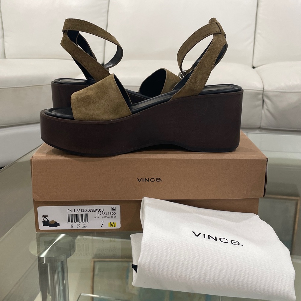 NIB Vince Camuto Philipa olive wood khaki tan suede flatform ankle strap size 7 - Picture 4 of 16